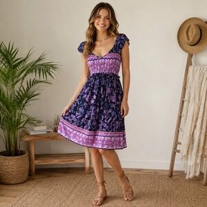 Boho Paisley Smocked Midi Dress Cottagecore Fairy Coquette Festival Beach NWT S